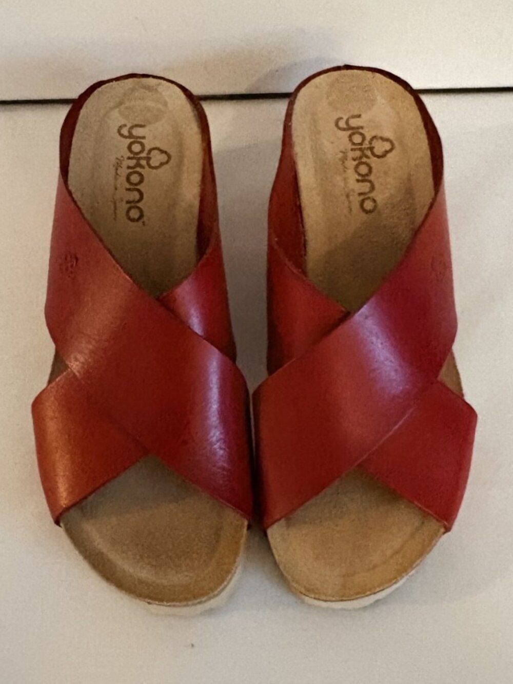 Yokono Spain Red Leather Cross Over Strap Slide Boho Cork Wedge Sandle Size 8